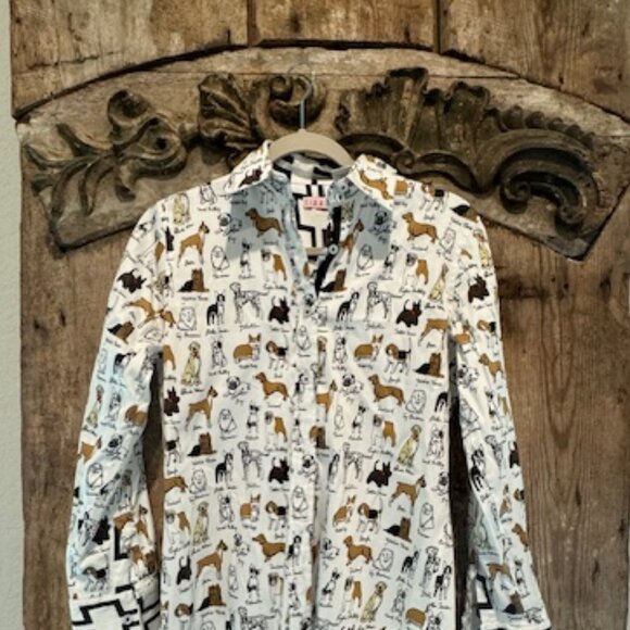 LIZZIE XS Cotton white button down blouse, with a variety of dogs throughout. - Picture 3 of 3